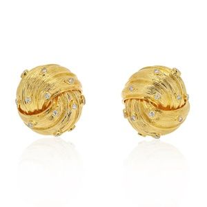 David Webb 18K Yellow Gold Knot Style Button Diamond Clip On Earrings
